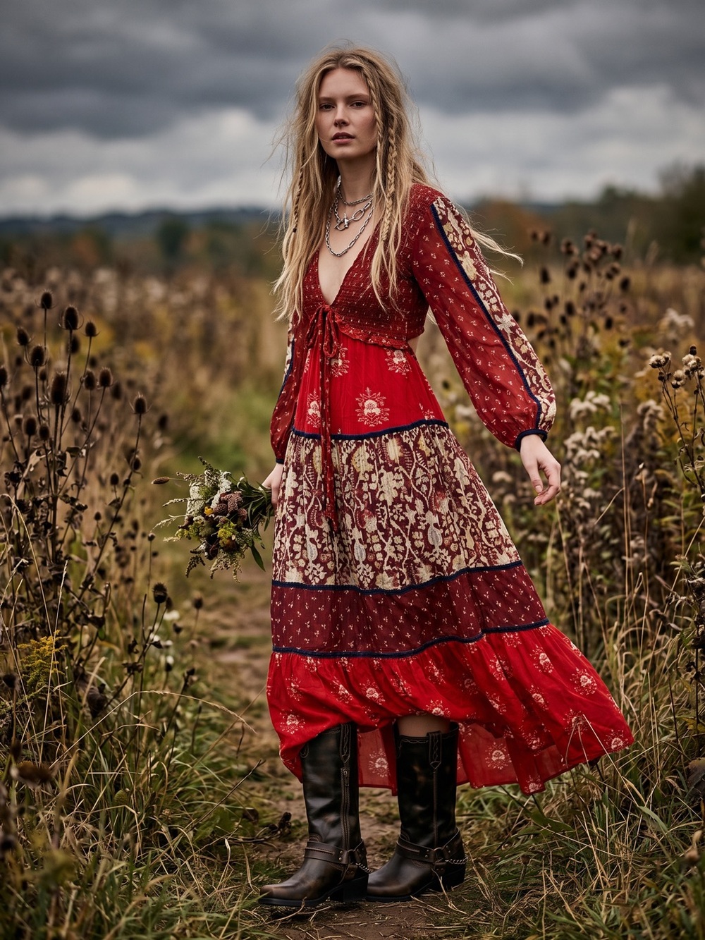 Free People Bohemian Gypsy Witchy Bali Laurel Maxi Dress Large Patchwork 70s